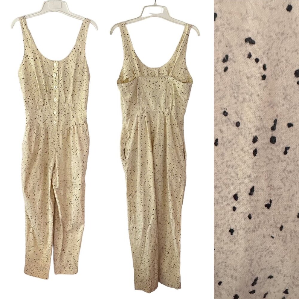 Vintage 80s A Byer Overalls Bib Jumpsuit Size 7 Butter Yellow Abstract Mini Prin